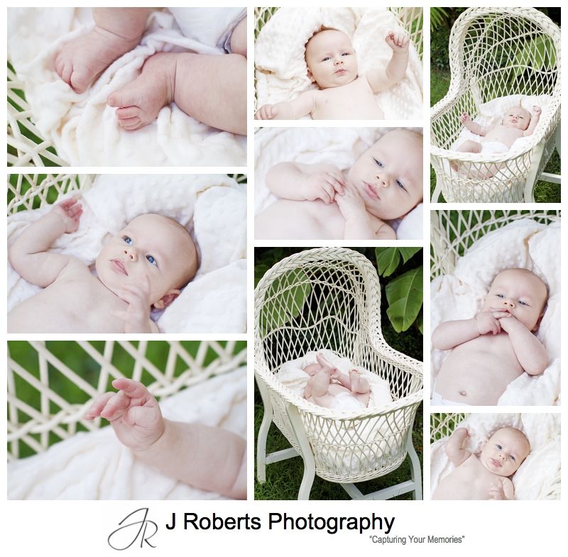 Baby portraits in an antique wicker baby bassinet - sydney baby portrait photographer